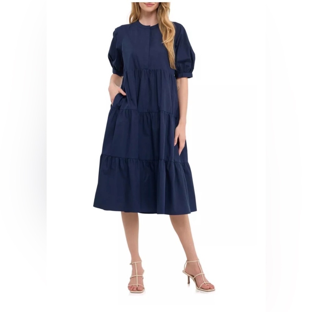 English Factory Midi Dress Women Blue Puff Sleeve Boho Preppy Cottagcore Small